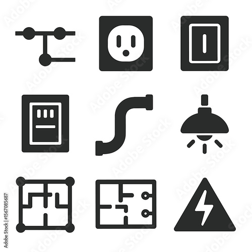 Electrical Icons Grid. Solid, filled icons set of electrical wiring layout: circuit lines, wall outlet, light
