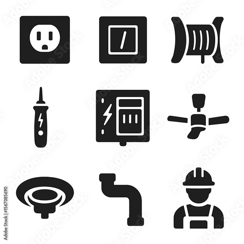 Electrical Icons Set. Solid, filled icons set of electrical rewiring and upgrades: wall socket, light switch,