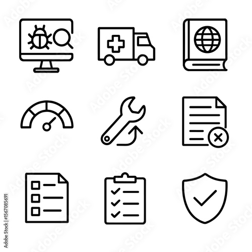 Vulnerability Management Icons. Outline icon set of vulnerability management: vulnerability scanner, patch rollout truck, CVE