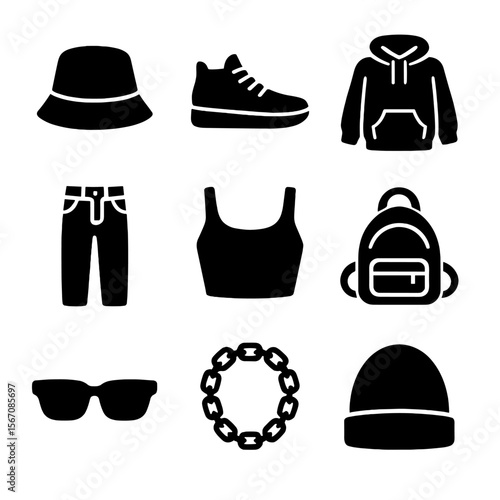 Gen Z Fashion Icons. Solid, filled icon set of Gen Z & Millennial fashion trends: bucket hat, sneakers, oversized hoodie,