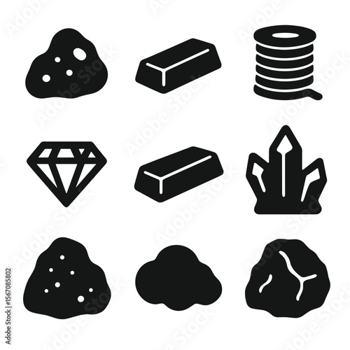 Mineral Resources Icons. Solid, filled icon set of mineral resources: gold nugget, silver bar, copper wire, diamond, platinum