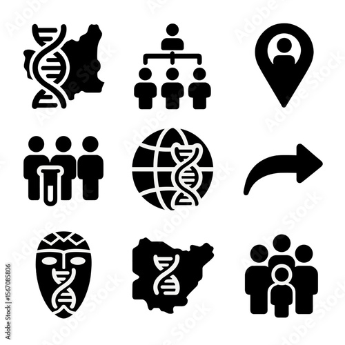 Genetic Ancestry Icons. Solid, filled icon set of population genetics and ancestry: DNA ancestry map, family tree, ethnic marker,