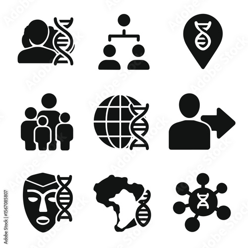 Genetic Ancestry Icons. Solid, filled icon set of population genetics and ancestry: DNA ancestry map, family tree, ethnic marker,