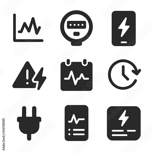 Electricity Usage Icons. Solid, filled icons set of checking electricity usage via app: energy graph, power