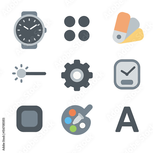 Watch Face Icons. Flat icon set of watch face customization: watch dial, complication grid, theme palette, brightness slider,