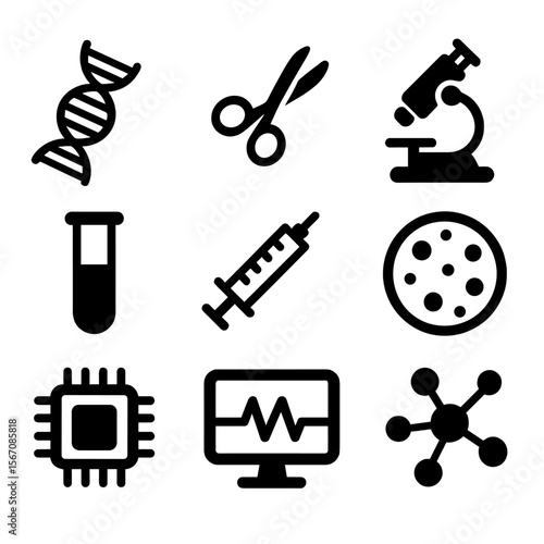 Genetic Engineering Icons. Solid, filled icon set of genetic engineering and the future of medicine: DNA helix, gene editing
