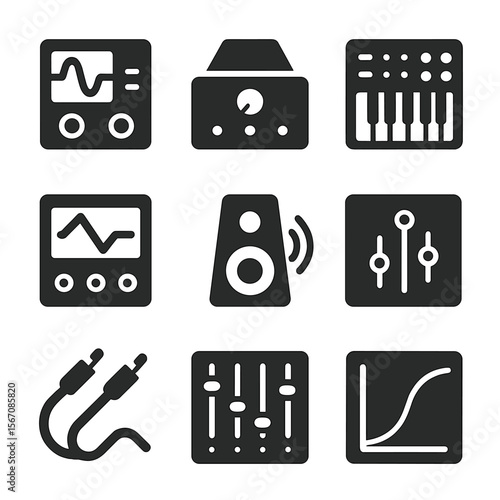 Electronic Sound Icons. Solid, filled icons set of electronic sound generation: oscillator, amplifier,