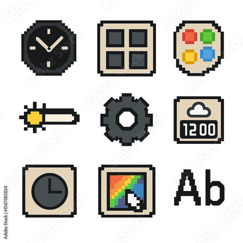 Watch Customization Icons. Pixel art icon set of watch face customization: watch dial, complication grid, theme palette,