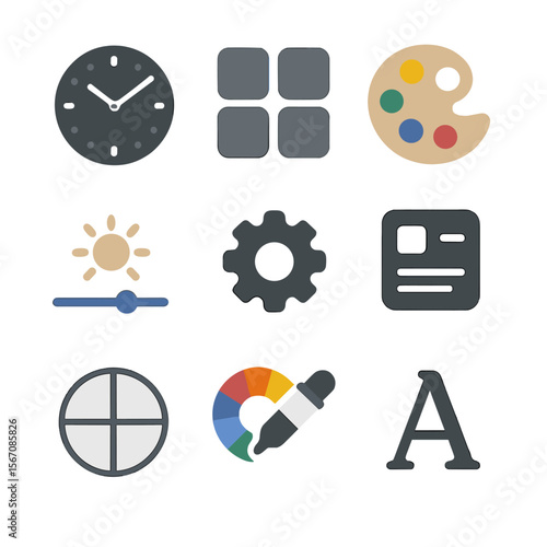Watch Face Icons. Flat icon set of watch face customization: watch dial, complication grid, theme palette, brightness slider,