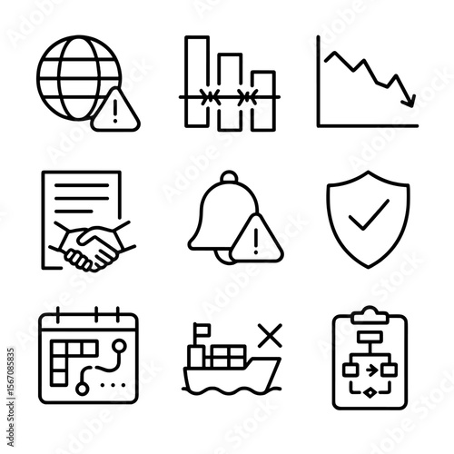 Geopolitical Risks Icons. Outline icon set of geopolitical and risk factors: globe with warning triangle, tariff barrier icon,