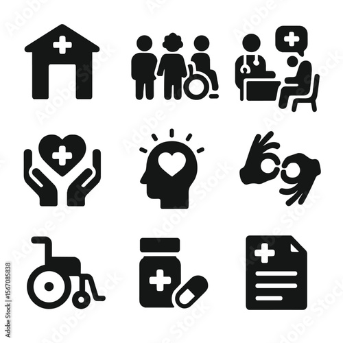 Inclusive Healthcare Icons. Solid, filled icon set of inclusive health care: accessible clinic, diverse patients, doctor and