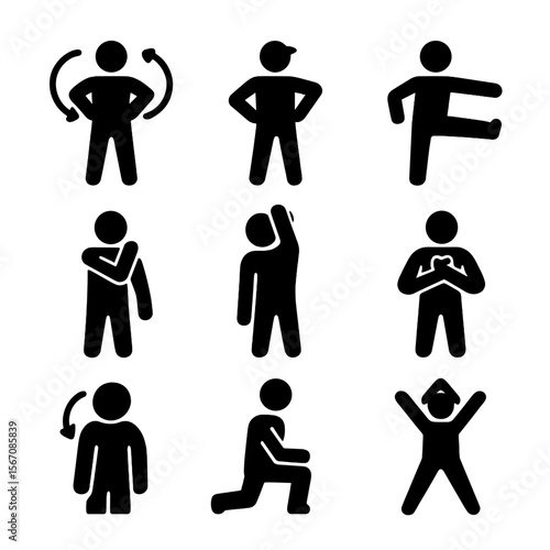 Warm-Up Icon Set. Solid, Filled icon set of warm-up and stretching: arm circle, torso twist, leg swing, shoulder stretch, triceps