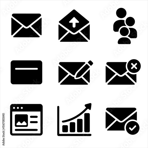 Email Campaign Icons. Solid, filled icons set of email campaign management: envelope icon, open rate, mailing