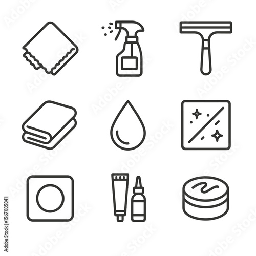 Glass Cleaning Icons. Outline icon set of glass tabletop maintenance and cleaning: microfiber cloth, glass cleaner spray, squeegee