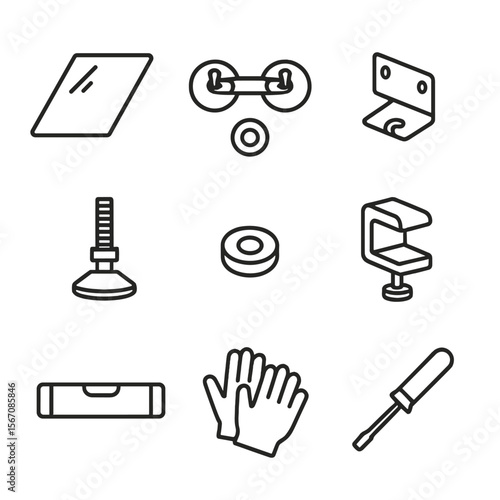 Glass Installation Icons. Outline icon set of glass tabletop installation and hardware: tempered glass sheet, suction lifter,