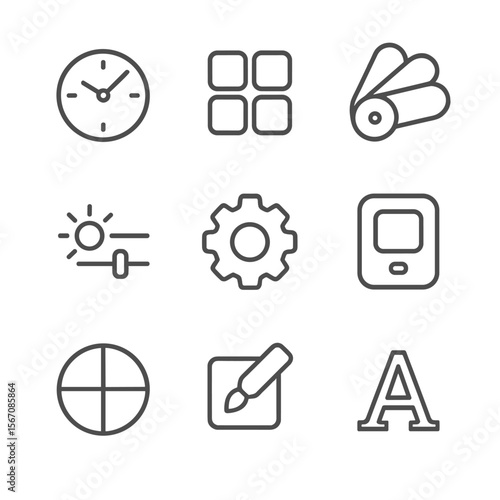 Watch Interface Icons. Outline icon set of watch face customization: watch dial, complication grid, theme palette, brightness