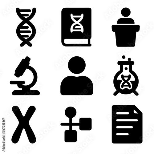 Genetics Education Icons. Solid, filled icon set of genetics education: DNA model, textbook, lecture podium, microscope, student,