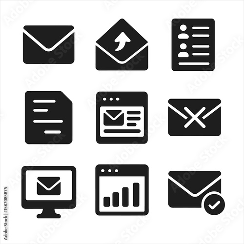 Email Campaign Icons. Solid, filled icons set of email campaign management: envelope icon, open rate, mailing
