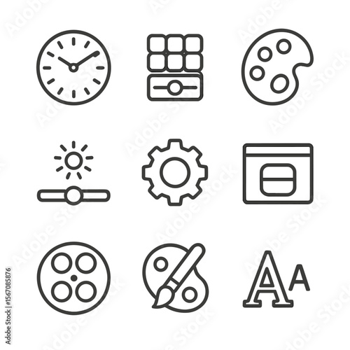 Watch Interface Icons. Outline icon set of watch face customization: watch dial, complication grid, theme palette, brightness