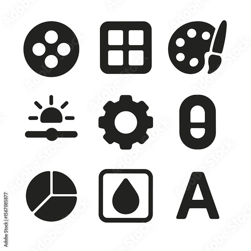 Watch Interface Icons. Solid, Filled icon set of watch face customization: watch dial, complication grid, theme palette,