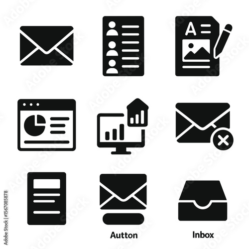 Email Icons Grid. Solid, filled icons set of email newsletter creation: envelope icon, mailing list, email
