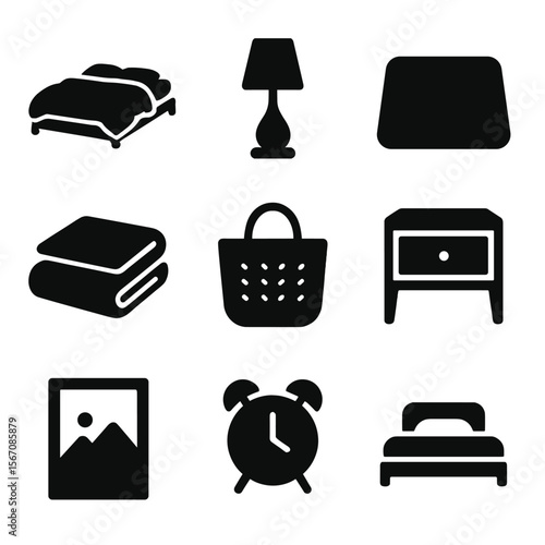 Minimalist Bedroom Essentials. Solid, filled icon set of cozy minimalist bedroom essentials: low platform bed, soft duvet, bedside