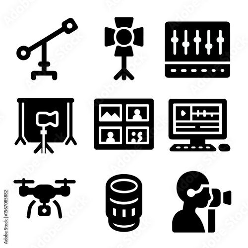 Indie Film Icons. Solid, filled icon set of indie film production: camera crane, light stand, sound mixer, green screen,