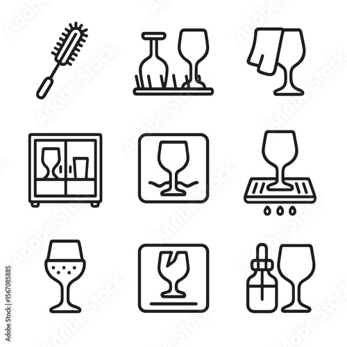 Glassware Care Icons. Outline icon set of glassware care and storage: cleaning brush, drying rack, polishing cloth, storage