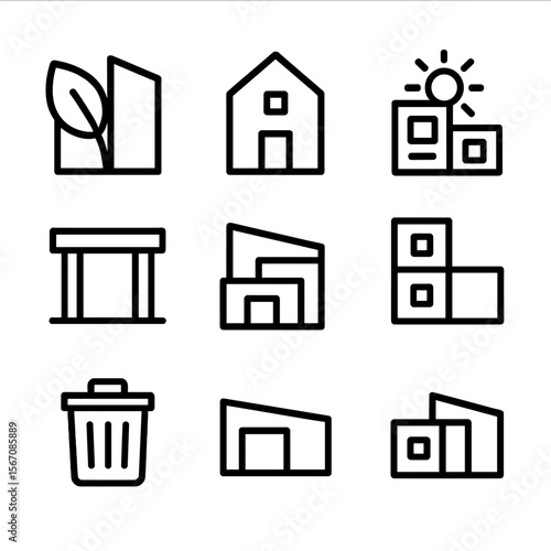 Minimalist Building Icons. Solid, filled icon set of minimalist building concepts: sustainability, simplicity, functionality,