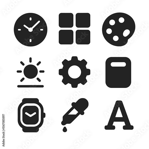 Watch Interface Icons. Solid, Filled icon set of watch face customization: watch dial, complication grid, theme palette,