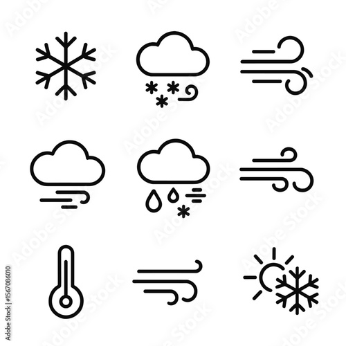 Weather Icon Set. Outline icon set of weather icons: pure flake, cloud with snow, flurry swirl, blizzard wind, snow shower,