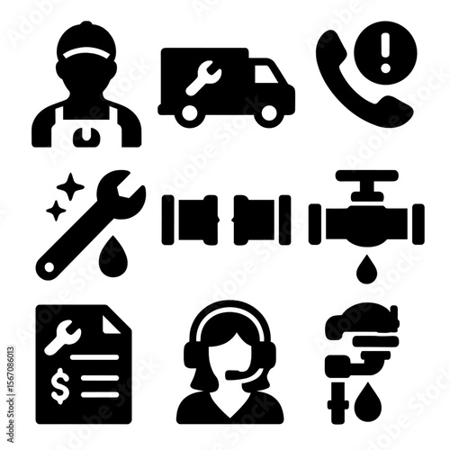 Emergency Plumbing Icons. Solid, filled icons set of emergency plumbing services: plumber icon, service truck,