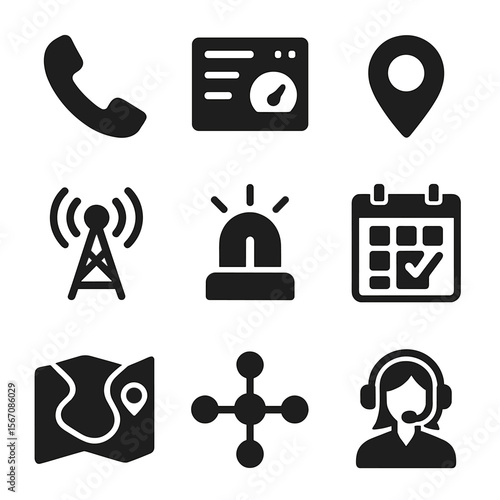 Emergency Response Icons. Solid, filled icons set of emergency response coordination: dispatch phone, control