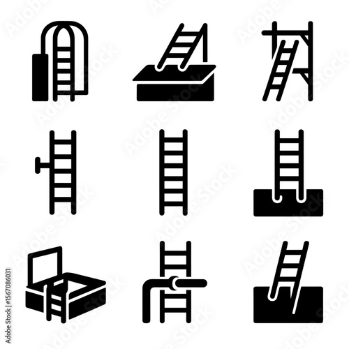 Industrial Ladder Icons Grid. Solid, filled icon set of industrial ladder setups: cage ladder, rooftop ladder, scaffolding edge,