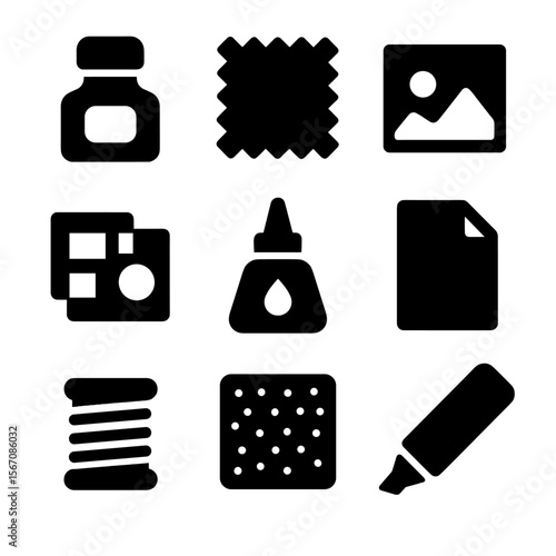 Mixed Media Icons. Solid, filled icon set of mixed media artworks: ink bottle, fabric swatch, photo print, collage board, glue