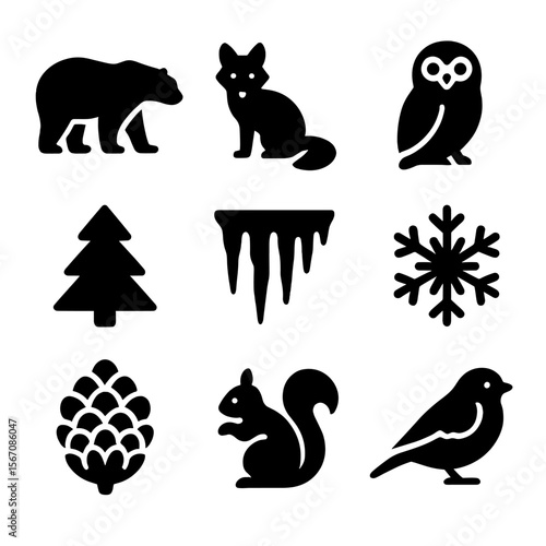 Mitten Wildlife Icons. Solid, filled icon set of mitten-related wildlife: polar bear, arctic fox, snow owl, pine tree, icicles,