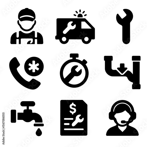 Emergency Plumbing Icons. Solid, filled icons set of emergency plumbing services: plumber icon, service truck,