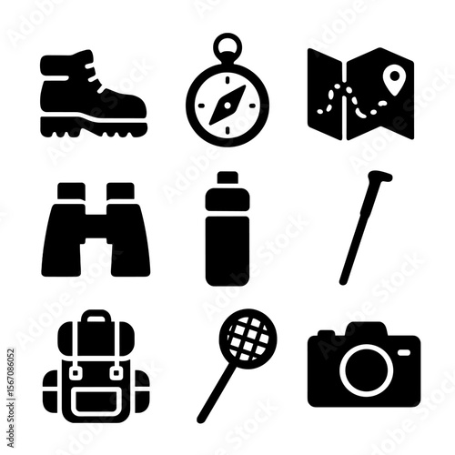 Glade Exploration Icons. Solid, filled icon set of glade exploration tools: hiking boots, compass, trail map, binoculars, water