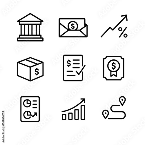 Government Stimulus Icons. Outline icon set of government response and stimulus measures: central bank building, stimulus check
