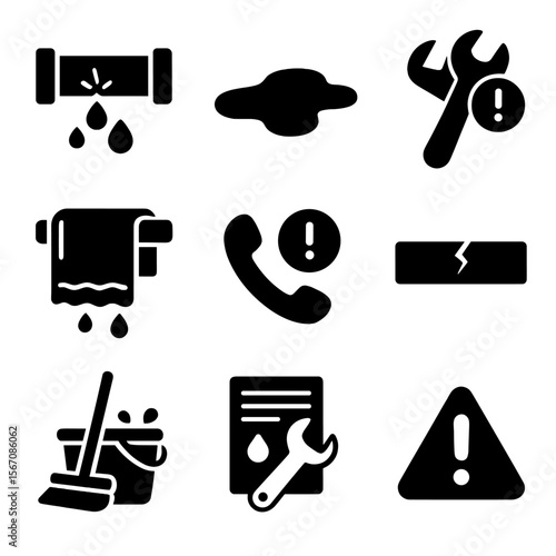 Emergency Plumbing Icons. Solid, filled icons set of emergency plumbing issues: burst pipe, floor puddle,