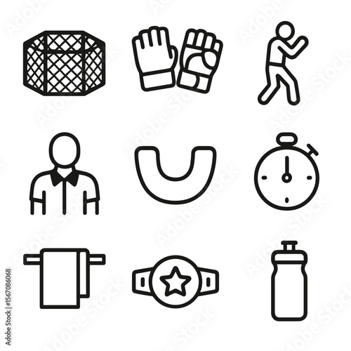 MMA Icon Set. Solid, filled icon set of MMA fighting ring: octagon cage, gloves, fighter stance, referee, mouthguard, timer, fight