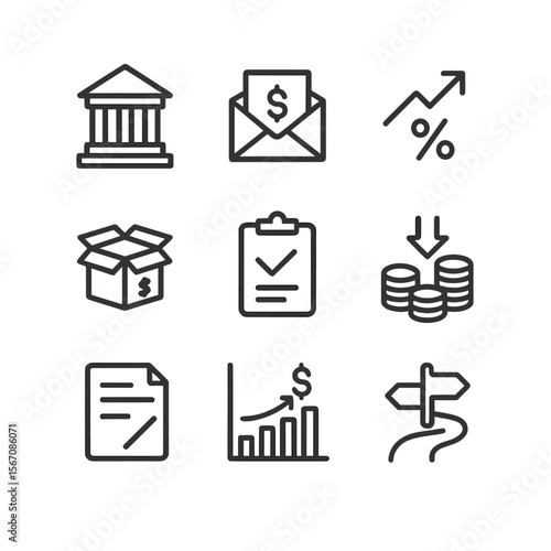 Government Stimulus Icons. Outline icon set of government response and stimulus measures: central bank building, stimulus check