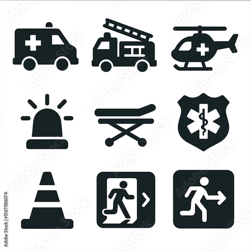 Emergency Response Icons. Solid, filled icons set of emergency response vehicles: ambulance, fire truck,