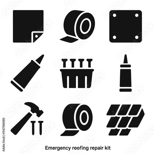 Emergency Roofing Icons. Solid, filled icons set of emergency roofing repair kits: tarp icon, duct tape,
