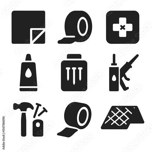 Emergency Roofing Icons. Solid, filled icons set of emergency roofing repair kits: tarp icon, duct tape,