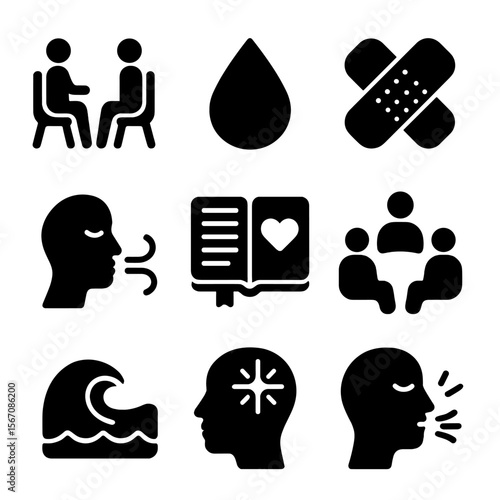 Emotional Healing Icons. Solid, filled icons set of emotional healing: therapy session, tear drop, healing