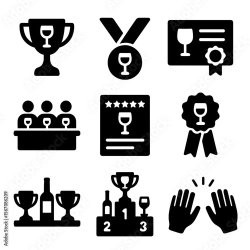 Wine Awards Icons. Solid, Filled icon set of wine awards: trophy cup, medal ribbon, certificate, judging panel, scorecard,