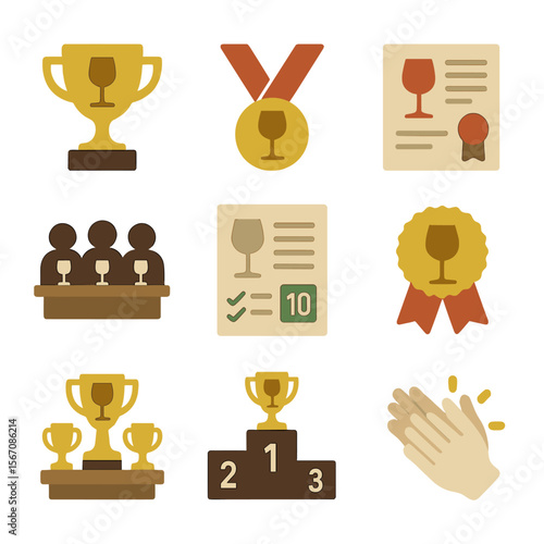 Wine Awards Icons. Flat icon set of wine awards: trophy cup, medal ribbon, certificate, judging panel, scorecard, winner’s ribbon,