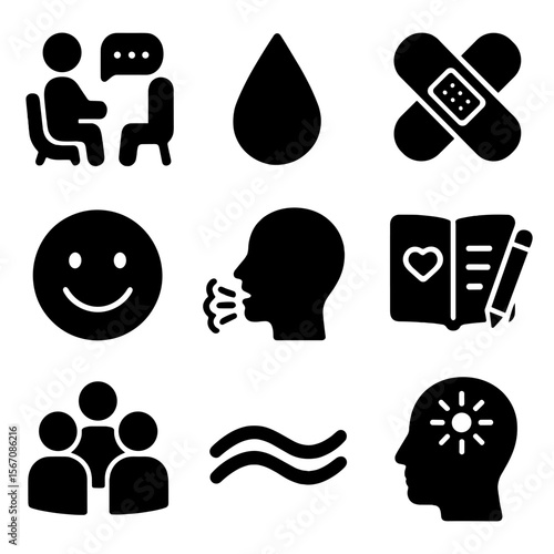 Emotional Healing Icons. Solid, filled icons set of emotional healing: therapy session, tear drop, healing