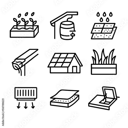 Green Roof Icons. Outline icon set of green roof and rainwater management: rooftop garden bed, rainwater harvesting barrel,